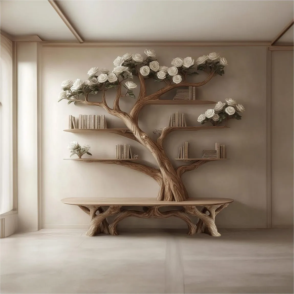 Bench Tree Bookshelf – Wooden Wall Display Bookcase