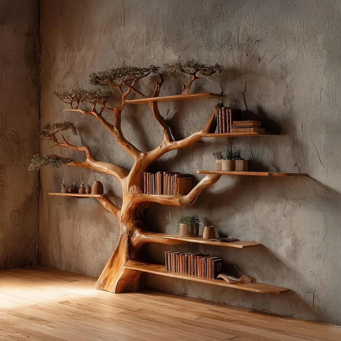Tree Bookshelf – Rustic Natural Wood Wall-Mounted Bookcase